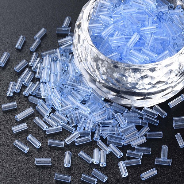 

PandaHall Transparent Glass Bugle Beads, Round Hole, Light Blue, 3~8x2mm, Hole: 0.7mm, about 450g/pound Glass