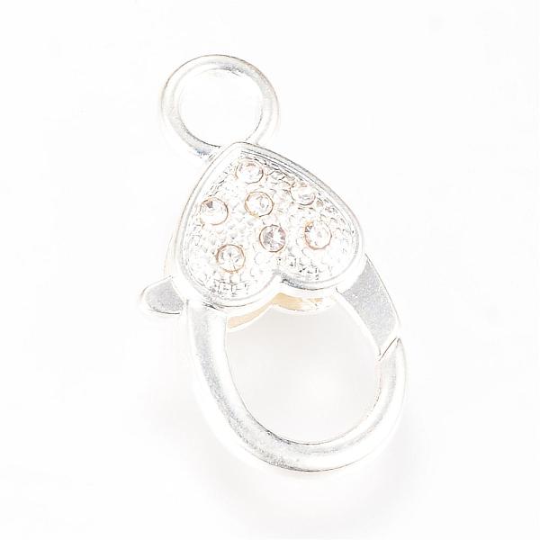 

PandaHall Alloy Rhinestone Lobster Claw Clasps, Heart, Silver Color Plated, 26.5~27x14x6.5mm, Hole: 4mm Alloy+Rhinestone Heart