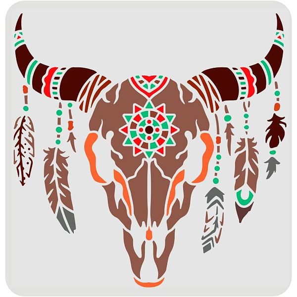 

PandaHall FINGERINSPIRE Cow Skull Stencils Template 30x30cm Plastic Feathered Bull Head Drawing Painting Stencils Animal Skull Pattern..., White