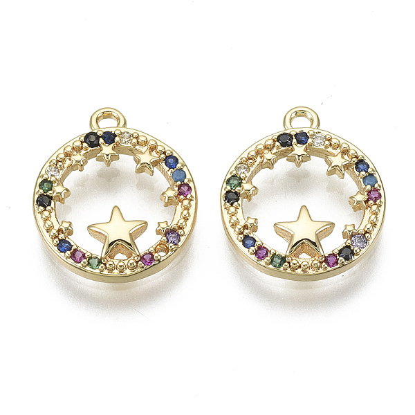 

PandaHall Brass Micro Pave Cubic Zirconia Charms, Nickel Free, Flat Round with Star, Colorful, Real 18K Gold Plated, 14x12x2mm, Hole: 1.2mm...