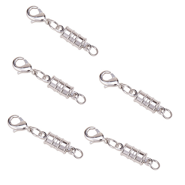 

PandaHall Column Brass Magnetic Clasps, with Lobster Claw Clasps for DIY Craft Making, Platinum, 17x6mm Brass Column