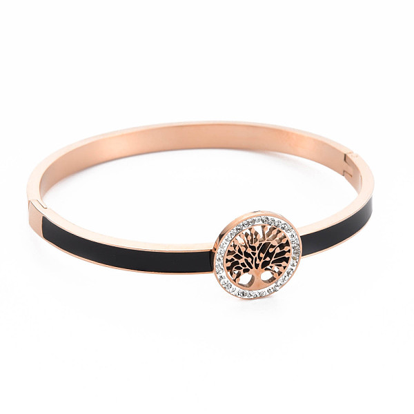 

PandaHall Crystal Rhinestone Flat Round with Tree of Life Bangle, Stainless Steel Hinged Bangle with Enamel for Women, Rose Gold, Inner...