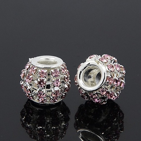 

PandaHall Brass Rhinestone European Beads, Large Hole Beads, Rondelle, Silver Color Plated, Light Rose, 12x10mm, Hole: 4mm Brass+Rhinestone..., Pink