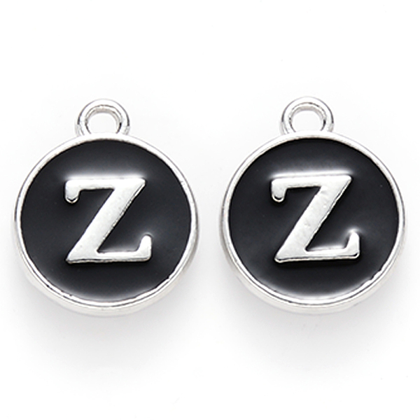 

PandaHall Platinum Plated Alloy Charms, Cadmium Free & Lead Free, with Enamel, Enamelled Sequins, Flat Round with Letter, Letter.Z..., Black