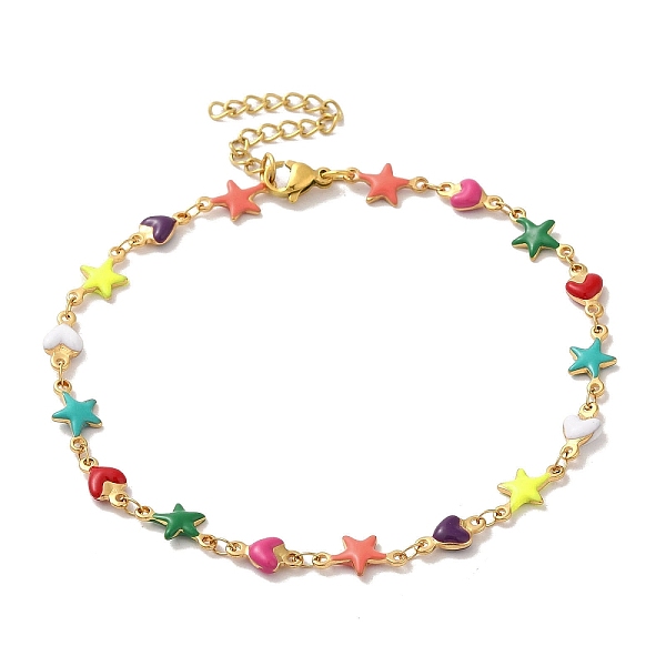 

PandaHall 304 Stainless Steel Anklet, Enamel Colorful Star and Heart Chain for Women, Golden, 9-1/8 inch(23cm) Stainless Steel Star