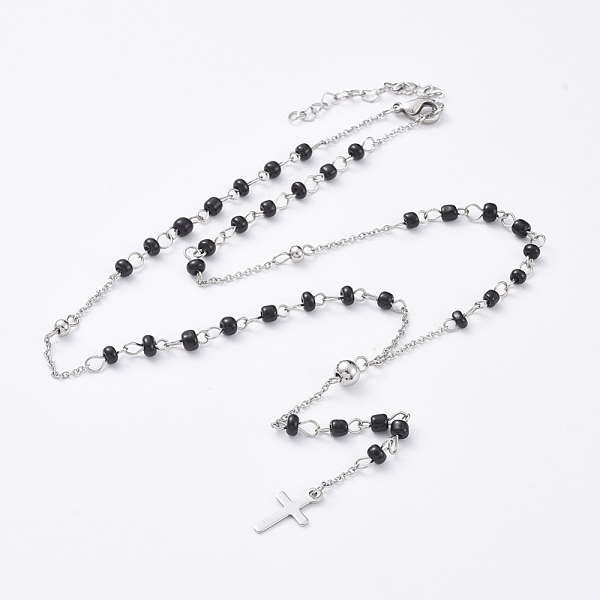 

PandaHall 304 Stainless Steel Pendant Necklaces, with Glass Seed Beads, Cross, Black, 18.5 inch(47cm) Glass Black