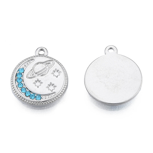 

PandaHall 304 Stainless Steel Pendants, with Aquamarine Rhinestone, Flat Round with Moon & Planet, Stainless Steel Color, 16.5x14x2mm, Hole..., Cyan