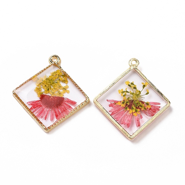

PandaHall Transparent Clear Epoxy Resin Pendants, with Edge Golden Plated Alloy Loops, Rhombus Charms with Inner Flower, Red, 30x26.5x3mm...