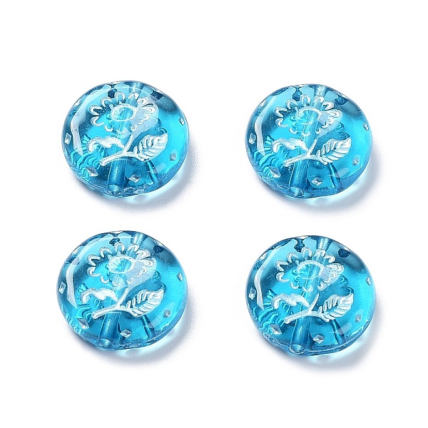 

PandaHall Plating Transparent Acrylic Beads, Metal Enlaced, Flat Round with Flower Pattern, Deep Sky Blue, 17.5~18x5~5.5mm, Hole: 1.8mm...