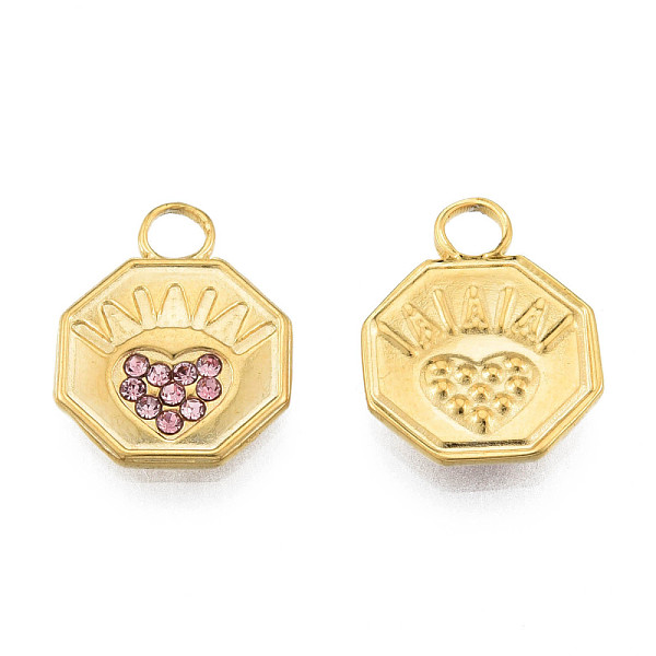 

PandaHall 304 Stainless Steel Pendants, with Light Rose Rhinestone, Octagon with Heart, Real 18K Gold Plated, 16.5x12.5x2mm, Hole: 3mm..., Pink