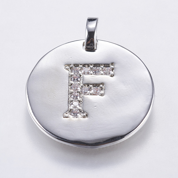 

PandaHall Brass Pendants, with Micro Pave Cubic Zirconia, Flat Round with Letter, Letter.F, 23~23.5x2mm, Hole: 3.5x4mm Brass+Cubic Zirconia..., Multicolor