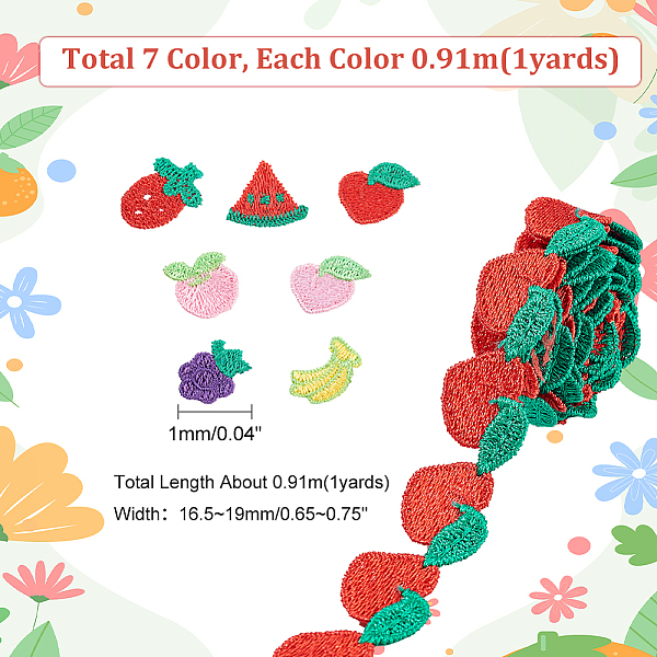 

PandaHall ARRICRAFT 7 Yards 7 Styles Polyester Fruit Lace Trim, Watermelon & Banana & Peach & Apple & Grape & Strawberry Pattern, Mixed..., Multicolor