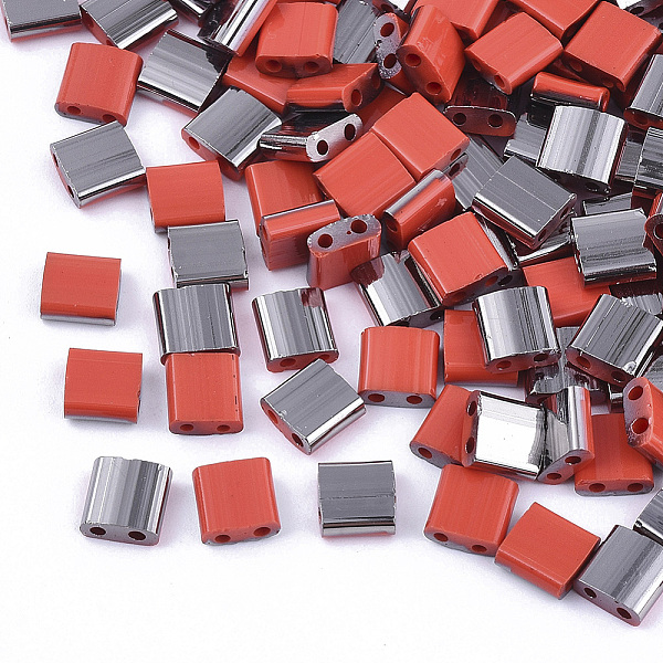 PandaHall 2-Hole Glass Seed Beads, Half Gunmetal Plated Colours, Square, Red, 5x4.5~5.5x2~2.5mm, Hole: 0.5~0.8mm, about 1180pcs/bag Glass...