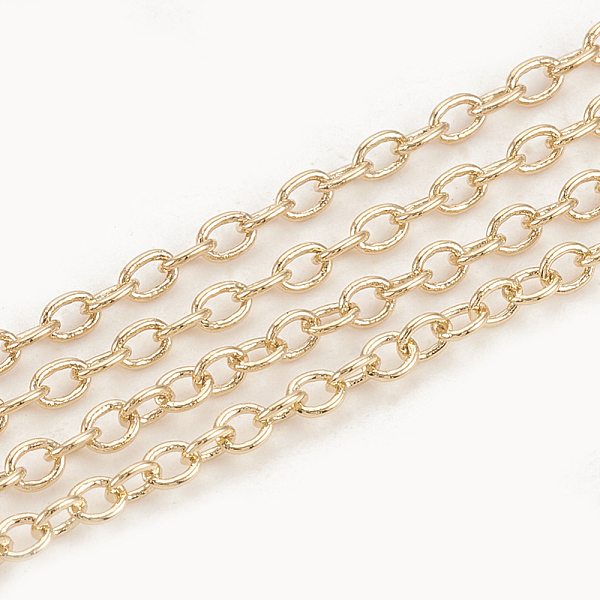 

PandaHall Brass Cable Chains, Soldered, with Spool, Oval, Real 18K Gold Plated, 2.5x2.1x0.4mm, about 98.42 Feet(30m)/roll Brass