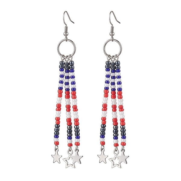 

PandaHall 304 Stainless Steel Star Dangle Earrings, Glass Seed Beaded Tassel Earrings, Colorful, 97x23mm Seed Beads Star Red