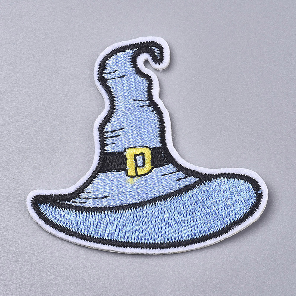 PandaHall Computerized Embroidery Cloth Iron on/Sew on Patches, Costume Accessories, Witches Hat, for Halloween, Light Steel Blue...