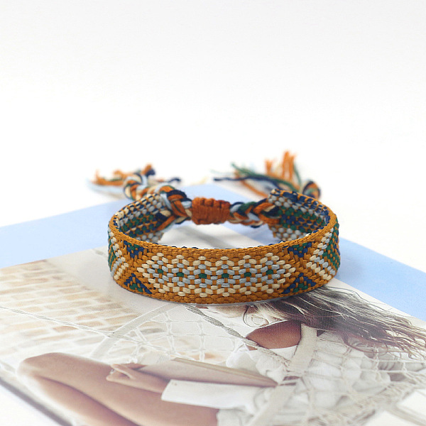 

PandaHall Polyester Braided Rhombus Pattern Cord Bracelet, Ethnic Tribal Adjustable Brazilian Bracelet for Women, Dark Goldenrod, 5-7/8 inch...