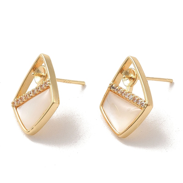 

PandaHall Golden Brass Micro Pave Cubic Zirconia Stud Earring Findings, with Shell, Earring Settings for Half Drilled Beads, Rhombus, Tray..., Clear