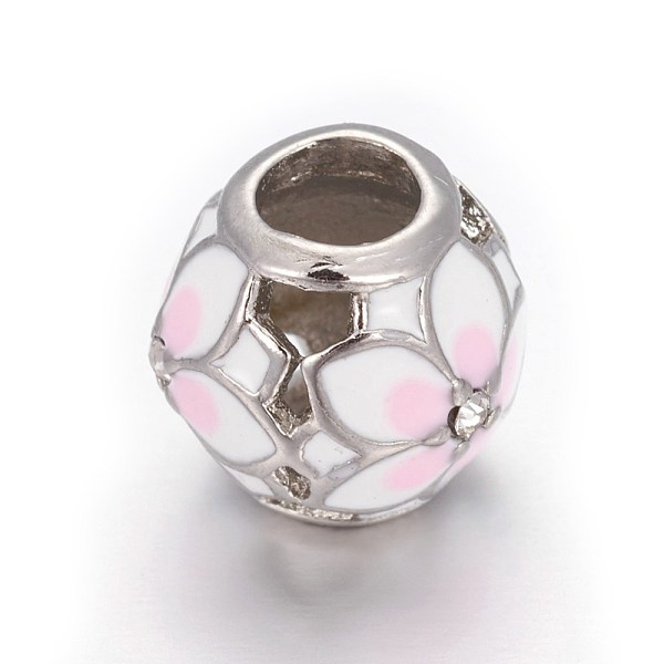 

PandaHall Hollow 304 Stainless Steel European Beads, with Enamel and Rhinestone, Large Hole Beads, Round with Flower, Stainless Steel Color..., Pink