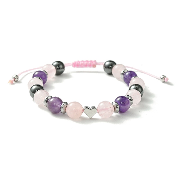 

PandaHall Natural Rose Quartz & Amethyst & Brass Heart Braided Bead Bracelet, Adjustable Bracelet for Women, Inner Diameter: 2-1/8~3-3/8...