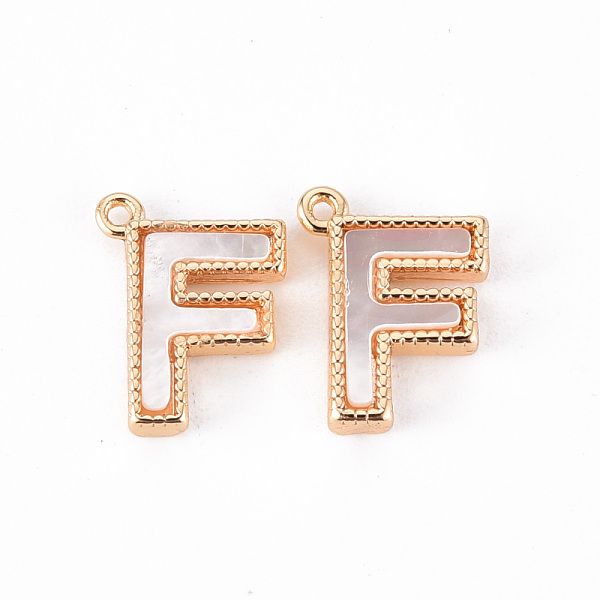 

PandaHall Brass Charms, with Shell, Real 18K Gold Plated, Nickel Free, Letter.G, 11x8x2mm, Hole: 0.9mm White Shell Letter F