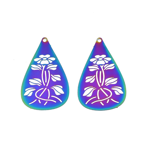 

PandaHall Rainbow Color 201 Stainless Steel Pendants, Etched Metal Embellishments, Teardrop with Flower, Rainbow Color, 35x20.5x0.3mm, Hole...
