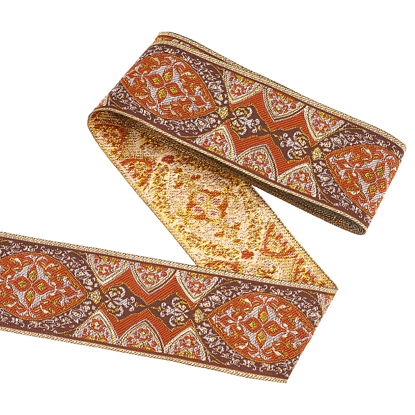 FINGERINSPIRE 5M Ethnic Style Embroidery Polyester Ribbons, Jacquard Ribbon, Tyrolean Ribbon, Garment Accessories, Floral Pattern, Sienna, 1-7/8 inch(47mm)