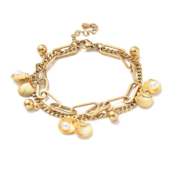 

PandaHall Plastic Pearl Shell and Round Ball Charm Multi-strand Bracelet, Vacuum Plating 304 Stainless Steel Double Layered Chains Bracelet...