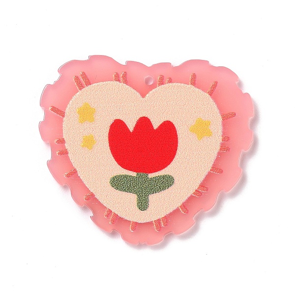 

PandaHall Embossed Printed Acrylic Pendants, Heart with Flower Pattern, Pink, 32.5~33x37.5~38x2.5mm, Hole: 1.6mm Acrylic Heart Pink