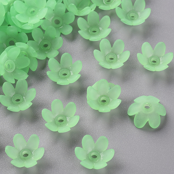 

PandaHall Frosted Acrylic Bead Caps, 6-Petal, Flower, Light Green, 14x6mm, Hole: 2mm, about 1660pcs/500g Acrylic