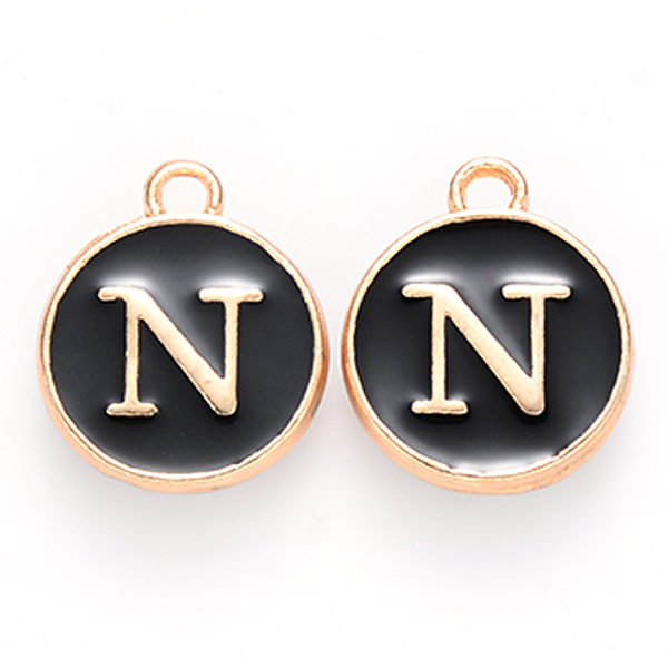 

PandaHall Golden Plated Alloy Charms, with Enamel, Enamelled Sequins, Flat Round, Black, Letter.N, 14x12x2mm, Hole: 1.5mm, 50pcs/Box...