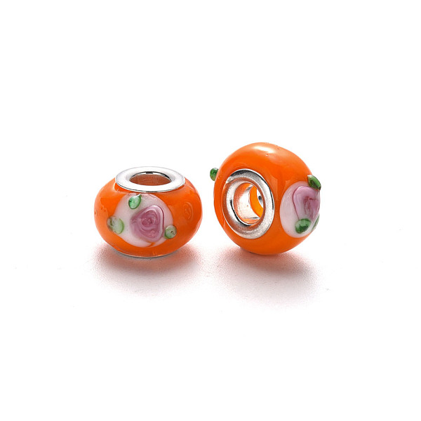 

PandaHall Handmade Lampwork European Beads, Bumpy, Large Hole Rondelle Beads, with Platinum Tone Brass Double Cores, with Flower Pattern...
