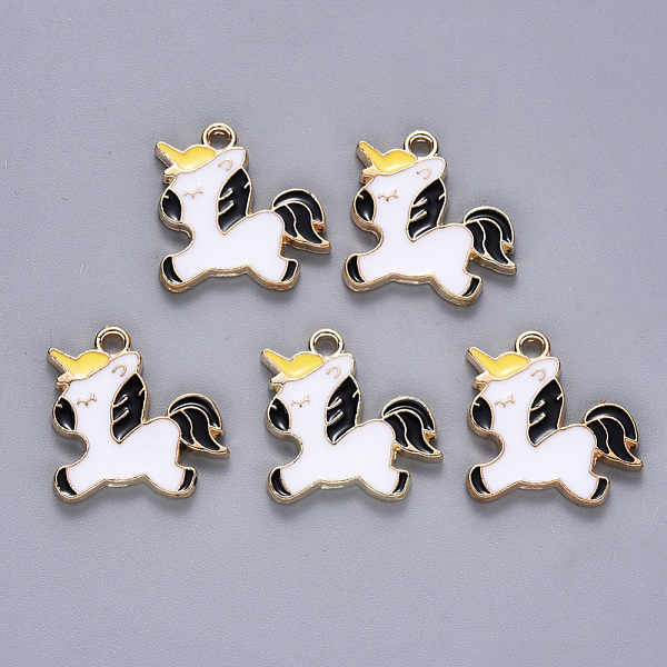 

PandaHall Alloy Enamel Pendants, Unicorn, Light Gold, Black, 18x18x1.5mm, Hole: 2mm Alloy+Enamel Horse Black