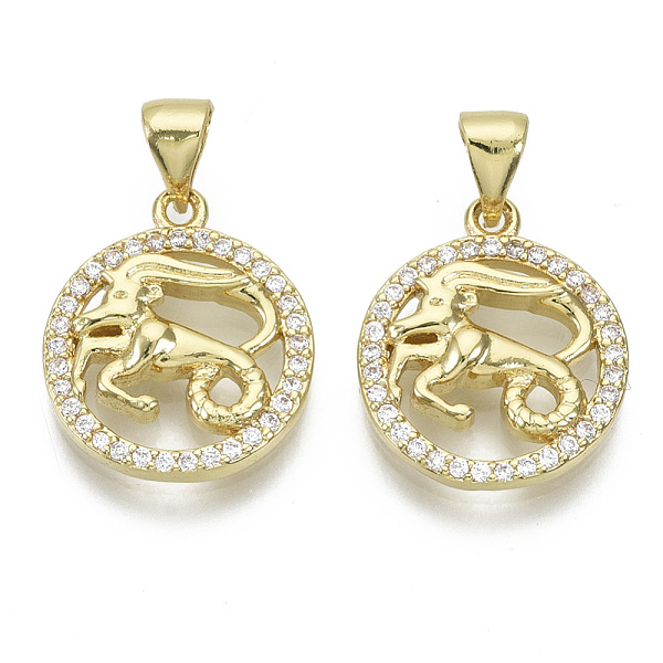 

PandaHall Brass Micro Pave Cubic Zirconia Pendants, Nickel Free, with Snap on Bail, Flat Round with Constellation, Clear, Real 18K Gold...