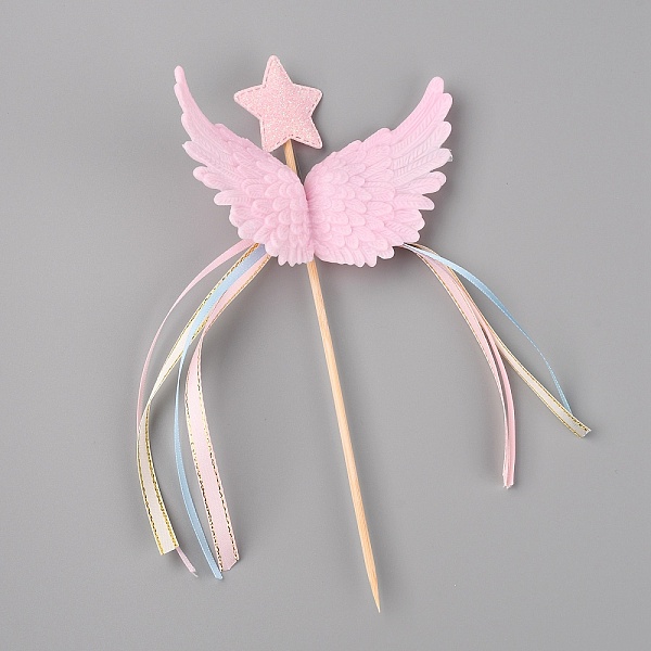 PandaHall Resin Wing & Star Cake Topper, with Skewer and Ribbon Cake Decorating Supplies, for Birthday Party Decoration, Pink, 198x105x30mm...