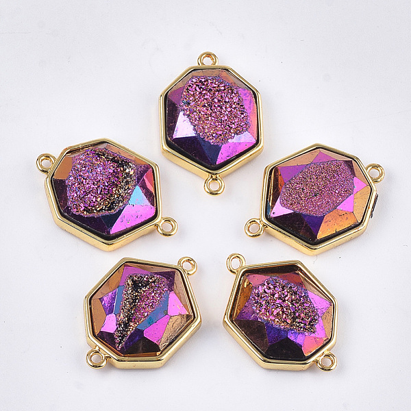 

PandaHall Electroplate Synthetic Druzy Agate Links connectors, with Brass Findings, Heptagon, Golden, Magenta, 27x18x7~8mm, Hole: 1.6mm..., Pink