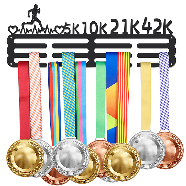 

PandaHall Marathon Sports Theme Iron Medal Hanger Holder Display Wall Rack, with Screws, Running Pattern, 150x400mm Iron Sports Black