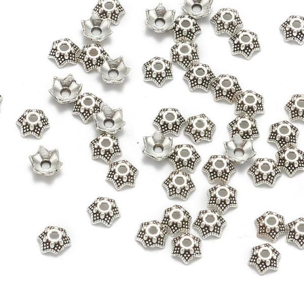

PandaHall Tibetan Style Bead Caps, Cadmium Free & Nickel Free & Lead Free, 6-Petal Flower, Antique Silver, 7x3mm, Hole: 2mm Alloy