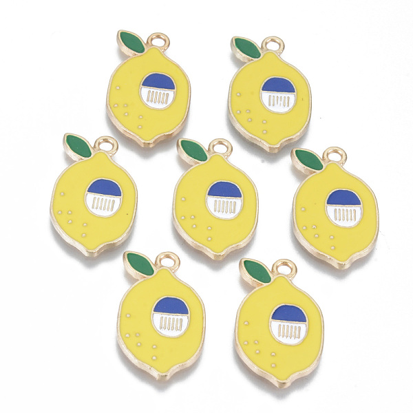 

PandaHall Alloy Enamel Pendants, Cadmium Free & Lead Free, Lemon, Light Gold, Yellow, 22.5x13.5x1mm, Hole: 2mm Alloy+Enamel Fruit Yellow