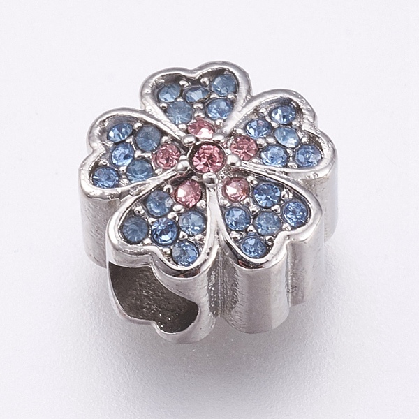 

PandaHall 304 Stainless Steel European Beads, Large Hole Beads, with Rhinestone, Flower, Stainless Steel Color, Light Sapphire, 11x7mm, Hole..., Blue