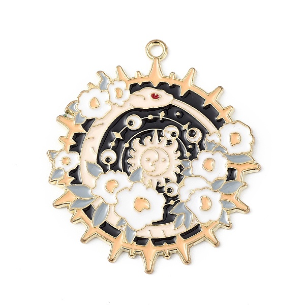 

PandaHall Alloy Enamel Pendants, Light Gold, Sun with Snake Pattern Charm, White, 42.5x38x1.3mm, Hole: 2mm Alloy+Enamel Sun White