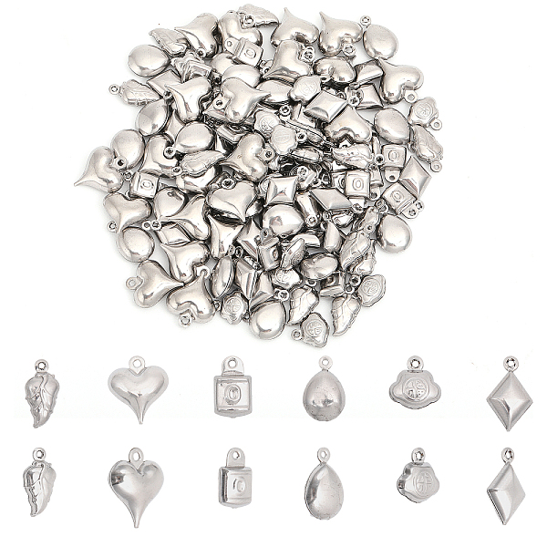 

PandaHall CHGCRAFT 120Pcs 6 Styles 304 Stainless Steel Pendants, Puffed Heart & Rhombus & Leaf & Teardrop & Longevity Lock & Lock Charms...
