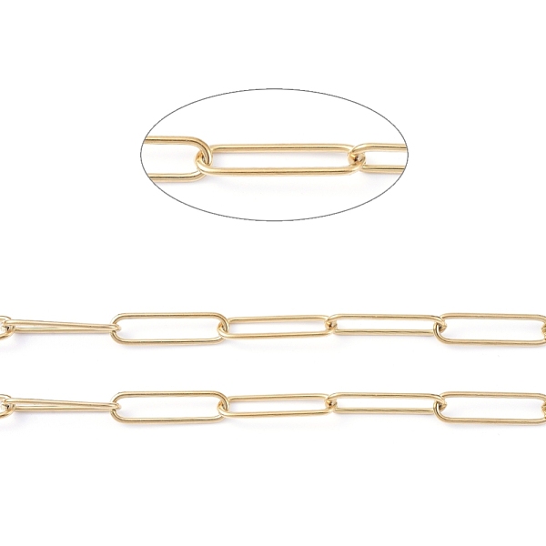 

PandaHall 304 Stainless Steel Paperclip Chains, Drawn Elongated Cable Chains, Soldered, with Spool, Golden, Links: 21.5x6x1mm, about 32.8...