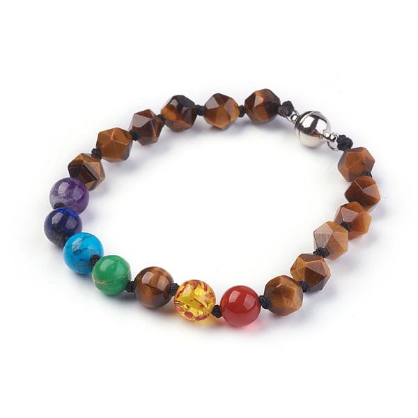 PandaHall Chakra Jewelry, Natural Tiger Eye Bracelets, with Brass Magnetic Clasps, Round Mixed Stone and Resin Beads, 7-7/8 inch~8-1/4 inch...