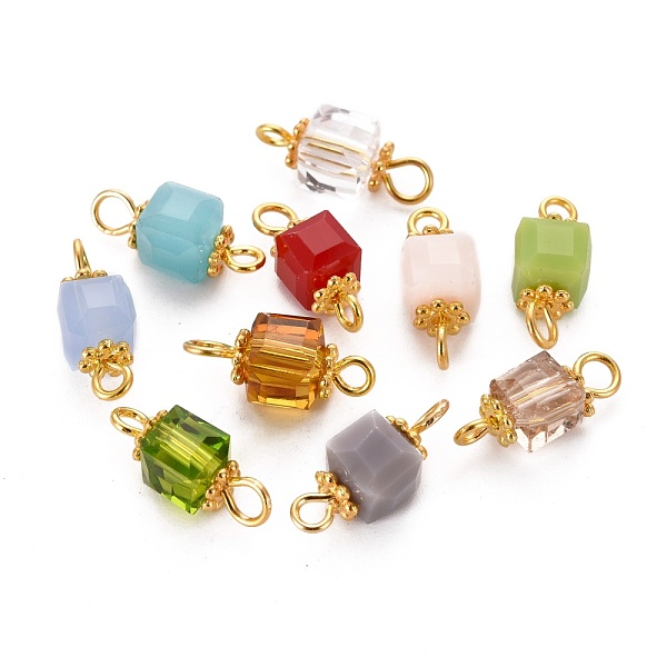 

PandaHall Faceted Cube Transparent Glass Links Connectors, with Golden Plated Alloy and Brass Findings, Mixed Color, 14.5x6x6mm, Hole..., Multicolor