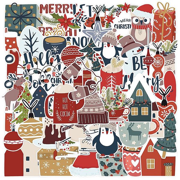 PandaHall 50Pcs Christmas PVC Self Adhesive Stickers, Waterproof Decals for Water Bottle, Helmet, Luggage, Mixed Shapes, 40~80mm Plastic...
