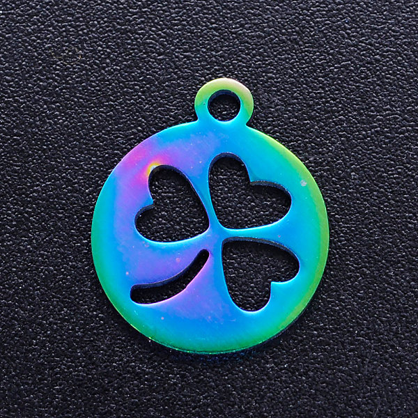 

PandaHall Ion Plating(IP) 201 Stainless Steel Charms, Flat Round with Clover, Rainbow Color, 14x12x1mm, Hole: 1.5mm 201 Stainless Steel Flat...