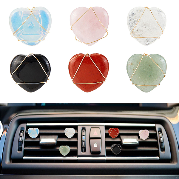 PandaHall OLYCRAFT 6pcs Heart Natural Stone Car Air Vent Clips Gemstone Car Vent Clips Quartz Crystals Car Vent Clips Heart Stones Car