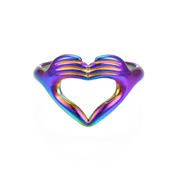 Ion Plating(IP) Rainbow Color 304 Stainless Steel Heart Gesture Open Cuff Ring For Women