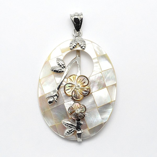 

PandaHall Brass White Shell Oval with Flower Pendants, with Rhinestone, 48x31x8mm, Hole: 4x5mm White Shell Oval